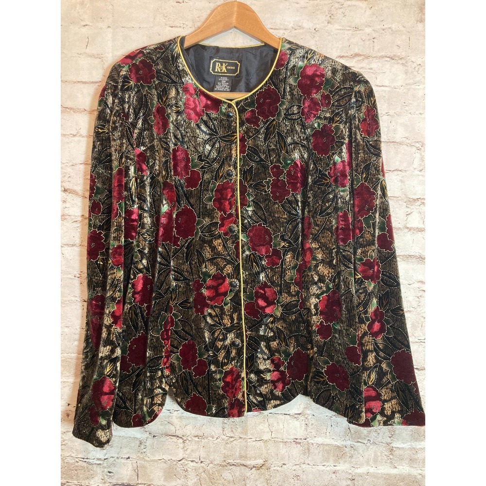 R&K Evening Top Womens 20W Velvet Floral Shimmer Button Front Vintage Plus